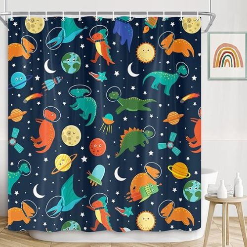 Dinosaurs Shower Curtain for Kids Bathroom, Cute Dinosaur in Blue Outer Space Funny Cosmos Space Shower Curtain for Children Boys Girls Bathroom Decor Hooks Included 70X70IN