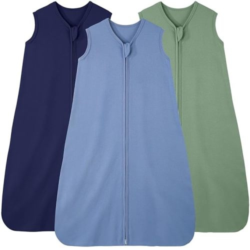 Baby Sleep Sack 0-6 Months, 100% Cotton Sleeping Sack for Newborn and Infant, 3 Pack Baby Wearable Blanket, 0.5 Tog Lightweight Double Zipper Sleep Bag Cyan