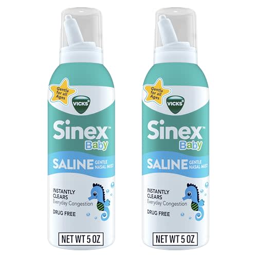 VICKS Sinex Baby Saline Nasal Spray, Drug Free Gentle Nasal Mist, Instantly Clears Everyday Stuffy Little Noses, Soothes & Hydrates, Safe For Daily Use, Gentle For All Ages, 5 OZ x 2