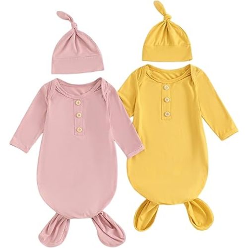 Newborn Knotted Gown 2 Pack Plain Sleeper for Baby Boy Girl Coming Home Outfit