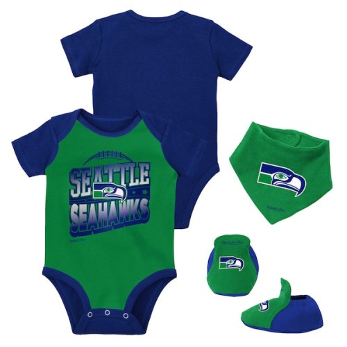 Newborn & Infant Seattle Seahawks Mitchell & Ness Green/Royal Throwback Big Score Bodysuit, Bib & Bootie Set