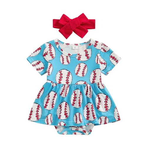 Youweixiong Infant Baby Girl Baseball Outfit Short Sleeve Romper Skirt Bodysuit Princess Dress Sports Summer Clothes Heabdand