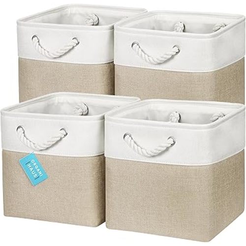 OrganiHaus 11x11 Cube Storage Bins 4 pack, Foldable Cube Storage Organizer w/ Rope Handles, Collapsible Fabric Bins for Toys, Clothes & Closet Organization, Fabric Square Baskets - Beige/White