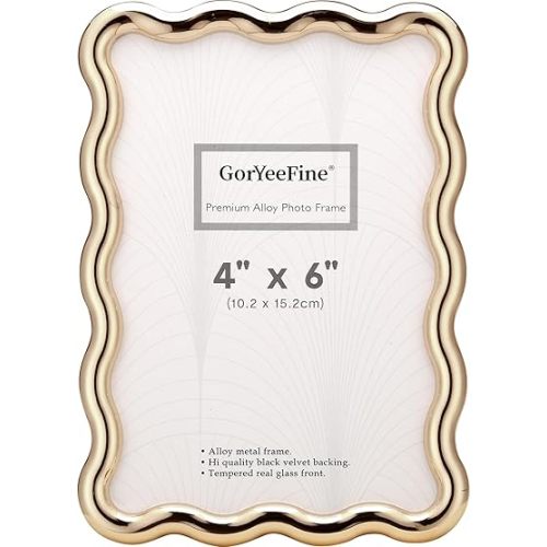 Gold 4 x 6'' High-End Zinc Alloy Picture Frame with Wave Design - Modern Glamour 6x4'' Pictures Frames for Desktop and Wall Décor