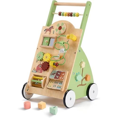 DUMOS Wooden Baby Push Walker, Montessori Activity Toys with Adjustable Speed for 1 Year Old, Silent Rubber Wheels, Green