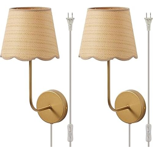 Boho Rattan Wall Sconces, Plug in Hand Woven Wicker Wall Light Antique Brass Brush Paint Finish Flower Shade Set of 2 for Bedside,Living Room, Hallway, Fireplace