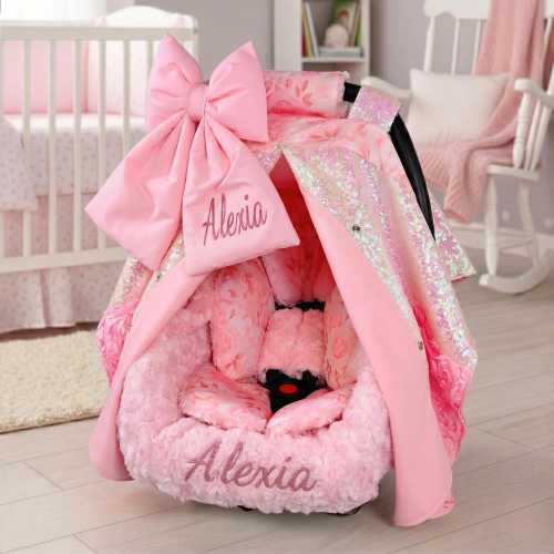 Personalized Iridescent Roses Baby Car Seat 6pc Set - Embroidered Bow and Minky Liner - Baby Car Seat Accessories - Head Support Insert