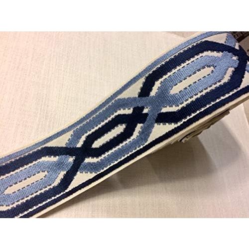 3.5" Woven Trim Tape with Velvet Embroidery H-1109/4 Cream, Navy Blue & French Blue Sold by The Yard Upholstery/Drapery