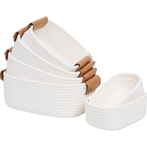 Storage Baskets for Shelves, 6-Pack Small Baskets for Organizing, Woven Basket with Leather Handles, Cotton Rope Basket for Nursery, or Bathroom, Gift Baskets Empty