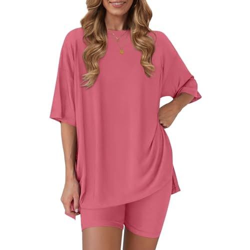 RUBZOOF Women's 2 Piece Lounge Sets 2026 Casual Summer Airport Travel Outfits Oversized Shirts Biker Shorts Matching Clothing
