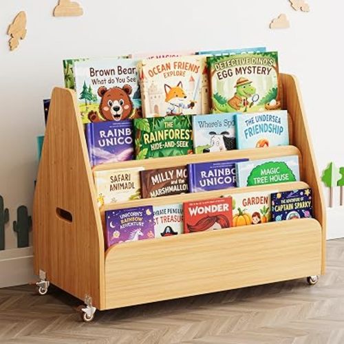 SpaceAid Double-Sided Mobile Bookshelf, Montessori Bookcase for Toddlers, Wooden Book Storage Organizer Shelf Furniture for Kids Rooms, Playroom, Nursery and Classroom, 29.5“ Wide 4-Tier, Natural