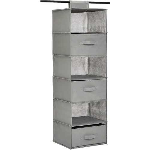 Amazon Basics 6-Tier Hanging Shelf Closet Storage Organizer with Removable Drawers, Grey, 6.9"D x 13.6"W x 12.2"H