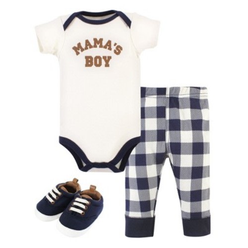 Hudson Baby Infant Boy Cotton Bodysuit, Pant and Shoe Set, Brown Navy Mamas Boy, Size: 9-12 months