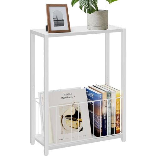 Narrow Side Table with Magazine Holder, Skinny End Table Perfect for Small Spaces, Space-Saving Design for Living Room, Bedroom, or Office, 7.1" D x 16.9" W x 23.6" H, White