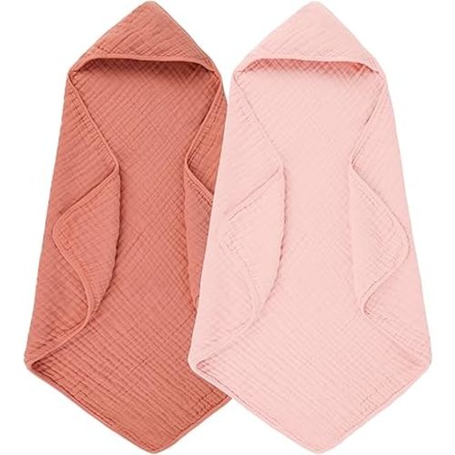 Hooded Baby Bath Towels 100% Muslin Cotton Baby Bath Towel for Infant, Toddler and Kids,Soft and Absorbent Newborn Essential,Large 32x32Inch 2 Pieces Gradient Pink