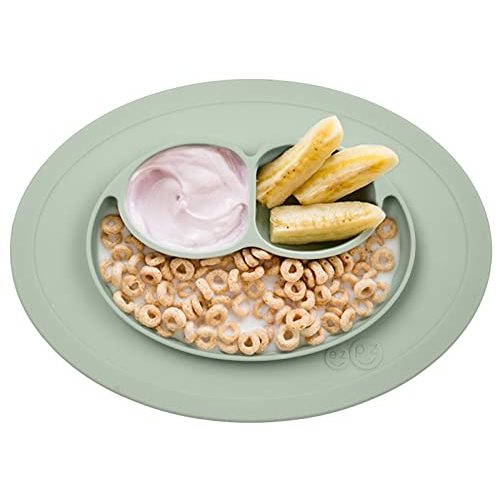 ezpz Mini Mat for 12 Months+ (Sage) - 100% Silicone Baby Plates with Suction and Built-in Placemat for Infants + Toddlers - Baby Led Weaning - For Highchair, Dining Table and Travel