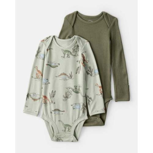 Baby Boy 2-Pack Dinosaur Print PurelySoft Long-Sleeve Multipack Bodysuits - Green - Carter's | Carter's