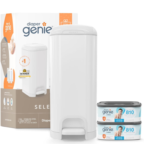 Diaper Genie Select Pail Registry Gift Set (White) | Made of Durable Stainless Steel Metal | Includes 2 Jumbo Refills | Holds 1620 Newborn Diapers