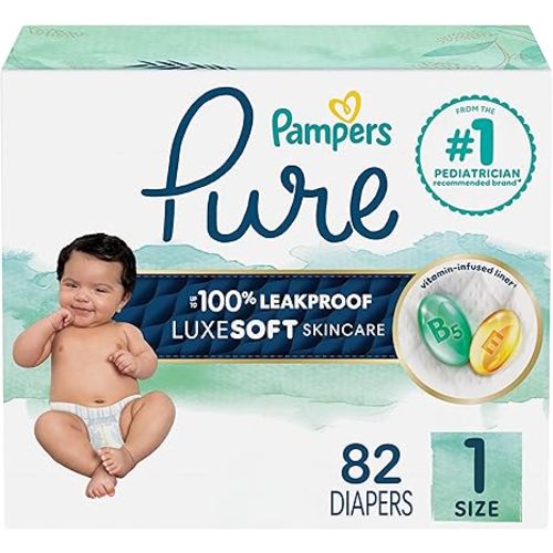 Pampers Pure Protection Baby Diapers, Size 1 (8-14 lbs), 82 Count, Up to 100% Leakproof, Premium Plant-based Skin Protection, Hypoallergenic Soft Diapers