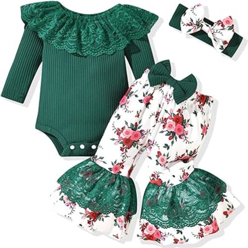 HINTINA Newborn Baby Girl Short Sleeve Bodysuit Flared Pants Ribbed Outfits