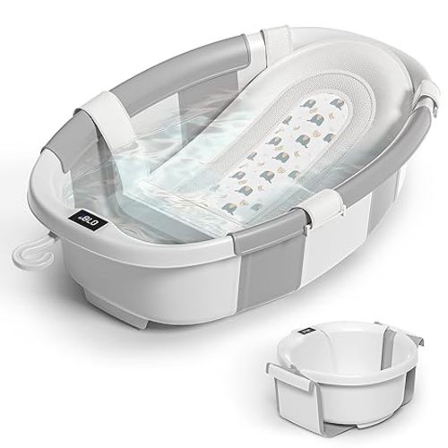 Collapsible Baby Bathtub for Newborn to Toddler 0-36 Months, Spacious Foldable Infant Bath Tub with Thermometer, Cushion & Drain Hole, Portable Travel Tub Grey