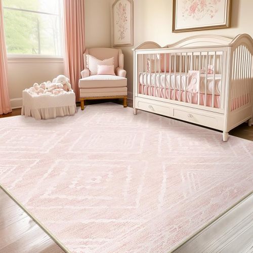 Area Rug 5x7 Rug Machine Washable Non-Slip Low Pile Print Pattern Western Rug for Living Room Bedroom Entryway-Light Pink/Cream