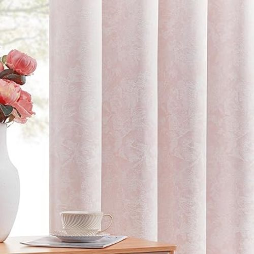 Beauoop Pink Floral Jacquard Blackout Curtains 96 Inches Long 2 Panels for Girls Bedroom Living Room Chenille Flower Room Darkening Thermal Insulated Soundproof Grommet Window Treatments Drapes, 52x96