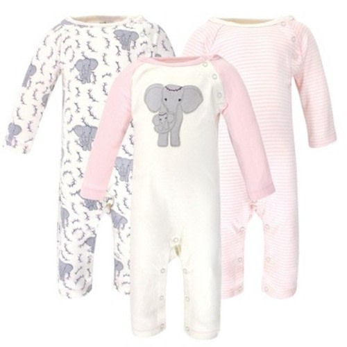 Touched by Nature Baby Girl Organic Cotton Coveralls 2pk, Girl Elephant, 6-9 Months