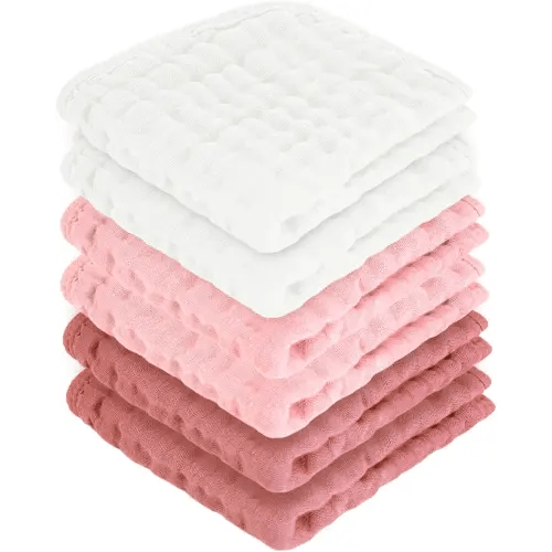 Baby Washcloths 100% Cotton Size is 12x12 inches. Lightweight, Portable, and Ideal for use at Home or on The go. (White & Pink 6 Pieces)