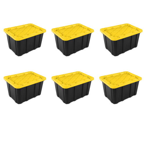 Sterilite Large Storage Bin, 27 Gallon Plastic Storage Container with Snap-On Lid, Black and Yellow, Industrial, Pack of 6