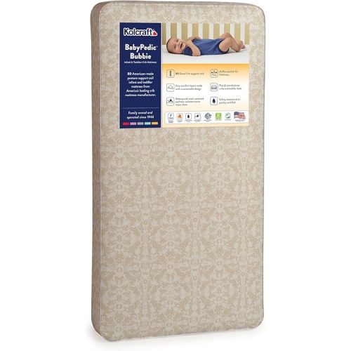 Kolcraft BabyPedic Bubbie Waterproof Crib Mattress plus Toddler Bed Fit, Extra Firm Coils, Airy Comfort, Non Toxic, GREENGUARD Gold Certified, Safety & Quality Tested, Made in USA, 52"X28" - Natural