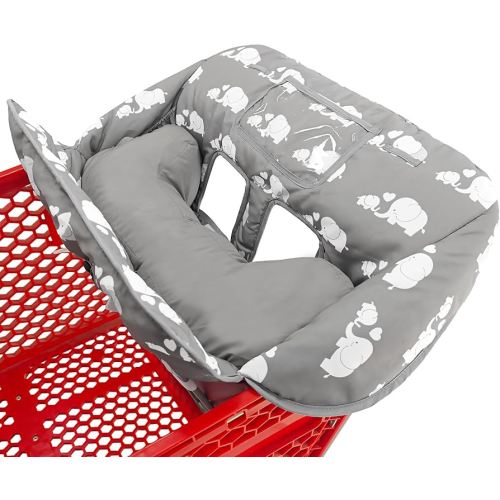 Soft Pillow Attached 2-in-1 Shopping Cart and High Chair Cover for Baby, Cotton Padded Cart Cover, Fold'n Roll Style, Portable with Carry Bag (Gray Elephant)