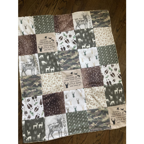 Made to Order Baby Boy Bedding with hunting theme in green, brown and black, camo, woodland animals, baby boy crib set, ducks, bucks, trucks