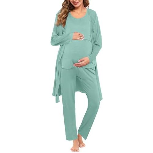 SWOMOG Maternity Nursing Robe Set 3 PCS Women Postpartum Pajamas Breastfeeding Labor Delivery Hospital Pregnancy Pjs
