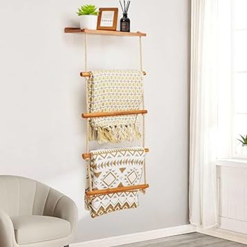 5-Layer Wooden Blanket Ladder, 2-in-1 Towel Racks Blanket Quilt Towel Holder Rack Decorative Ladder, Storage Ladder Quilt Rack Blanket Holder, Ladder Shelves for Bathroom,Living Room,Bedroom