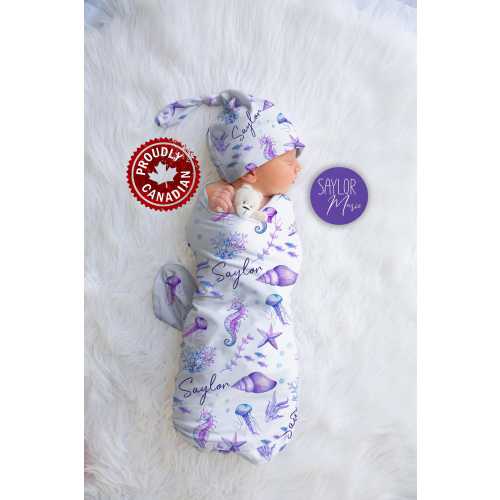 Personalized Ocean Jersey Swaddle Blanket Set, Nautical Baby Girl Shower Gift
