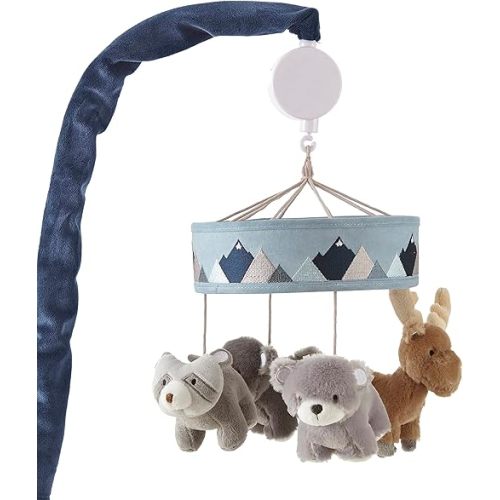 Levtex Baby - Trail Mix Musical Rotating Baby Crib Mobile - Plush Bears , Moose and Racoon - Grey, Blue, Navy, Brown, White - Nursery Accessories