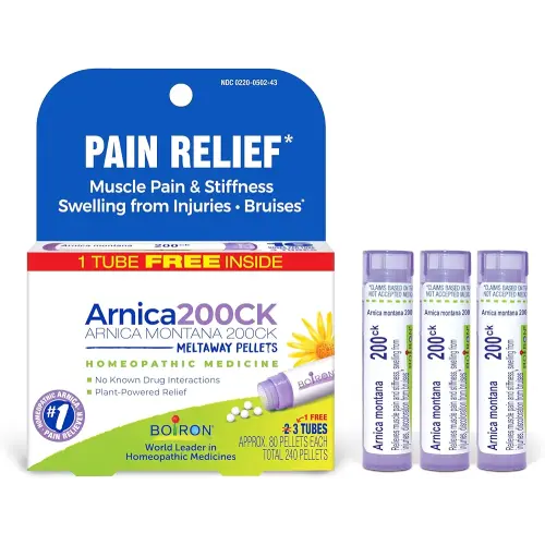 Boiron Arnica Montana 200CK Homeopathic Medicine for Pain Relief, Muscle Pain & Stiffness, Swelling from Injuries, & Bruises - 3 Count (240 Pellets)