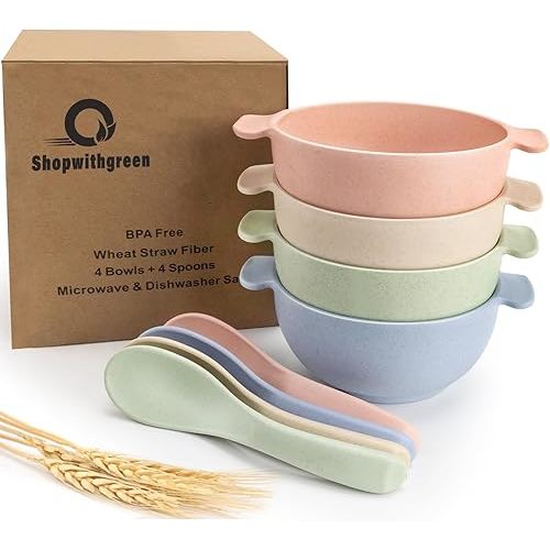 shopwithgreen Unbreakable Kids Bowls -Microwave Dishwasher Safe- Wheat Straw Snack Bowl Sets for Kids/Toddler/Children/Baby Feeding - 4 Bowls and 4 Spoons, Lightweight and Durable, 14 OZ