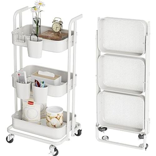DTK 3 Tier Foldable Rolling Cart, Metal Utility Cart with Lockable Wheels, Folding Storage Trolley, 3 Small Baskets and 6 Hooks for Living Room, Kitchen, Bathroom, Bedroom and Office, White