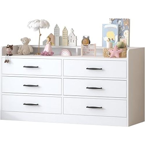 Bigbiglife Dresser for Kids Bedroom, Kids Dresser with 6 Deep Drawers for Playroom, Wooden Storage Cabinet with Metal Handles & Anti-Dropping Fence for Toys/Clothes/Books, 15.8" D x 47.2" W x 25.2" H