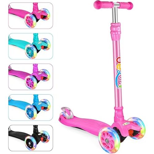 BELEEV Scooters for Kids 3 Wheel Kick Scooter for Toddlers Girls Boys, 4 Adjustable Height, Lean to Steer, Light up Wheels, Extra-Wide Deck, Easy to Assemble for Children Ages 3-12