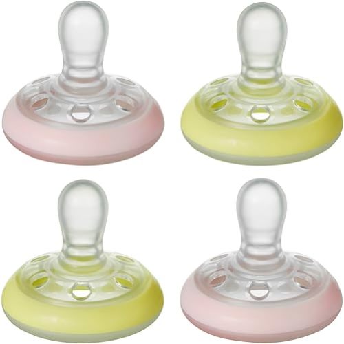 Tommee Tippee Breast-like Night Pacifier, 0-6 Months with Breast-like Shape and Glow in The Dark Technology, 4-Count, Pink/Yellow
