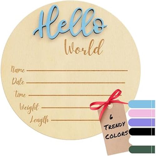 Baby Announcement Sign – 6” Wooden Hello World Newborn Name Sign, Hospital Birth Stat Plaque, Gender-Neutral Welcome Baby Keepsake, Personalized Photo Prop for Boys & Girls, Newborn Gift (Baby Blue)