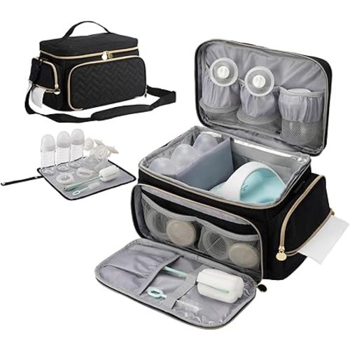 Breast Pump Bag Compatible with Spectra S1 and S2, Large Insulated Storage with Waterproof Mat, Travel & Work Portable Pump Carrying Case for Pumping Accessories, Black