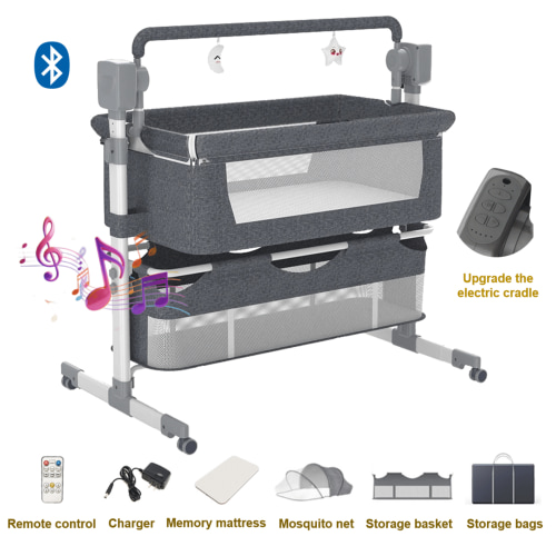 Electric Baby Bassinet,Newborn Bedside Sleeper,Baby Rocking Crib with Bluetooth,Remote control,Unisex,GREY