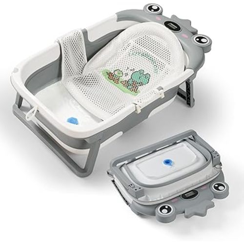 Baby Bathtub,Collapsible Baby Bath Tub with Soft Cushion & Thermometer, Space Saving Foldable & Travel Newborn Bathtub for Infant to Toddler 0-36 Months, Frog Gray