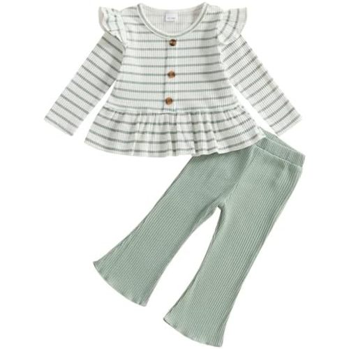 Mubineo Toddler Baby Girl Clothes Cute Ribbed Outfits Knit Long Sleeve Shirt Tops Bell Bottom Pant Fall Winter Outfit
