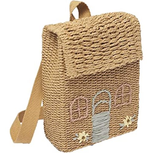 Woven Straw Backpack for Summer Beach And Day Trips, With Shoulder Straps, Small Size, Khaki