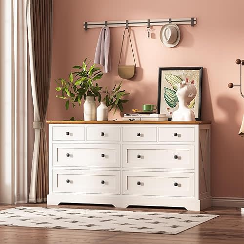 8 Drawers Long Dresser for Bedroom,54" Farmhouse Dresser TV Stand,Chest of Drawers Large Storage Capacity for Living Room,entryway,Antique White